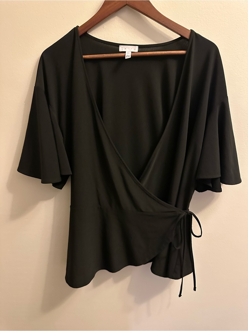 Leith Black Wrap Blouse with Flutter Sleeves